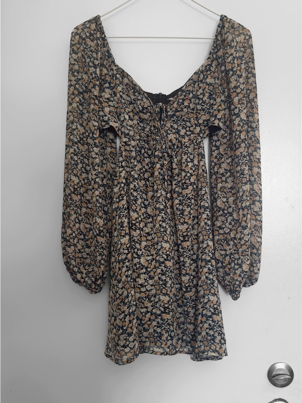 L.A. Hearts Floral Mini Dress XS Balloon Sleeve Side Cutout Tie Cottagecore